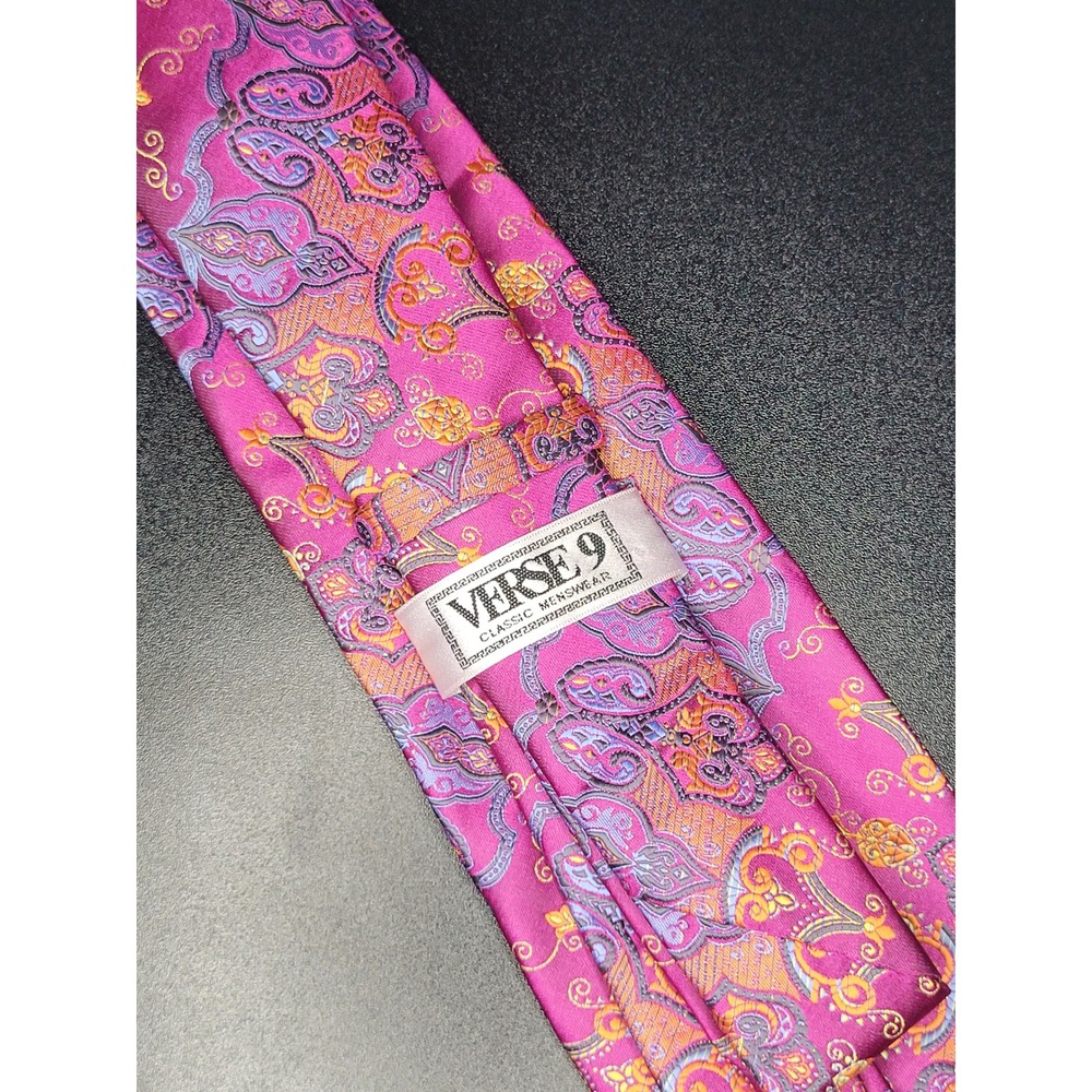 Verse 9 Necktie Pink Multicolor Paisley 100% Silk Embellished Excellent